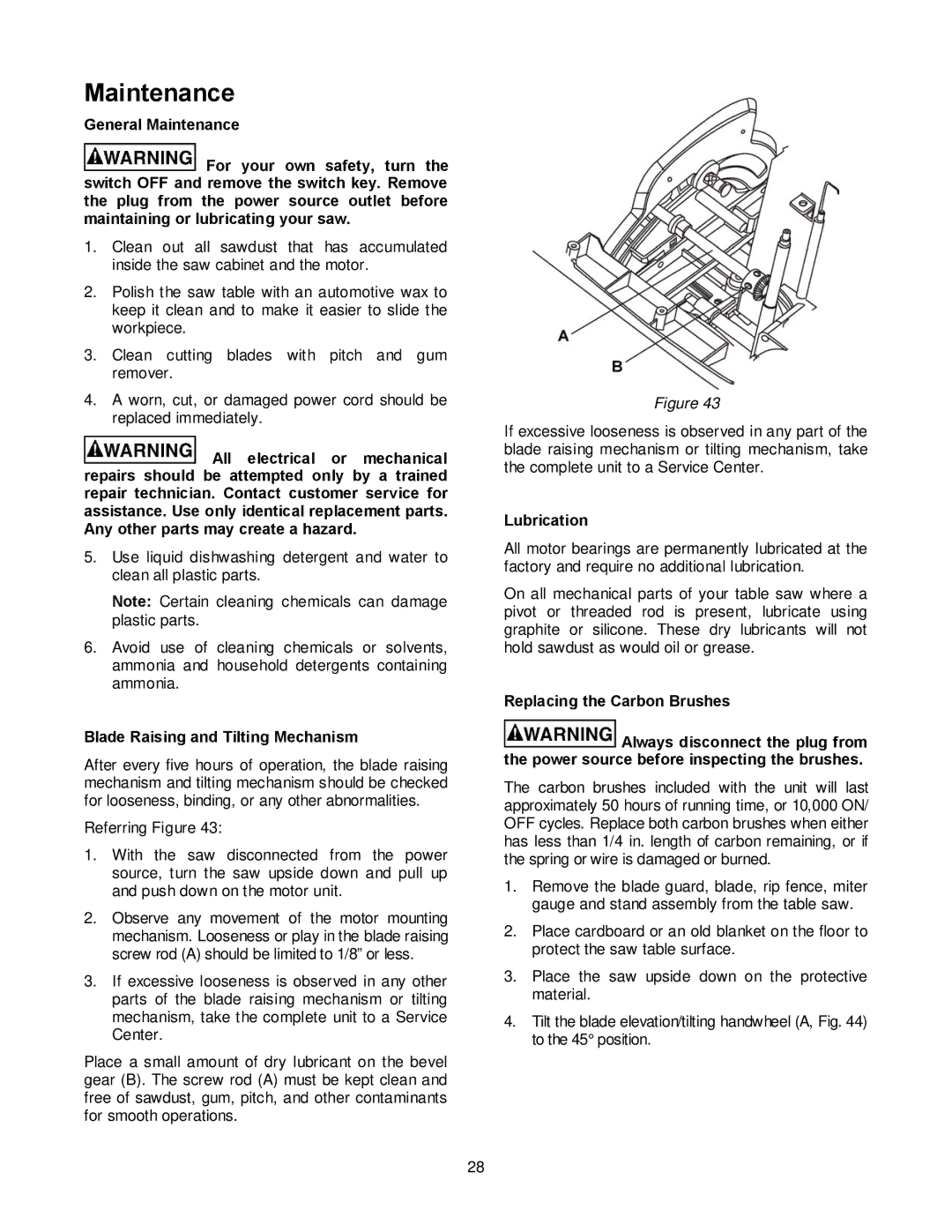 Jet Tools JBTS-10MJS operating instructions Maintenance, Blade Raising and Tilting Mechanism, Lubrication 