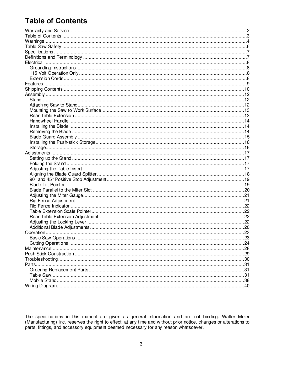 Jet Tools JBTS-10MJS operating instructions Table of Contents 