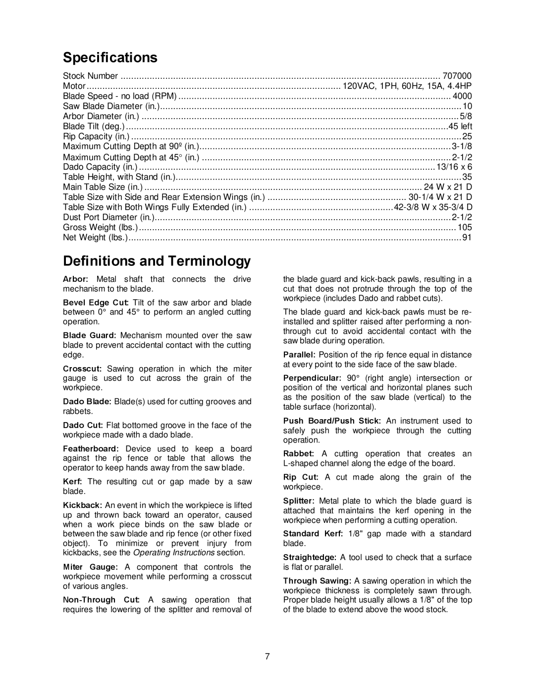 Jet Tools JBTS-10MJS operating instructions Specifications, Definitions and Terminology 