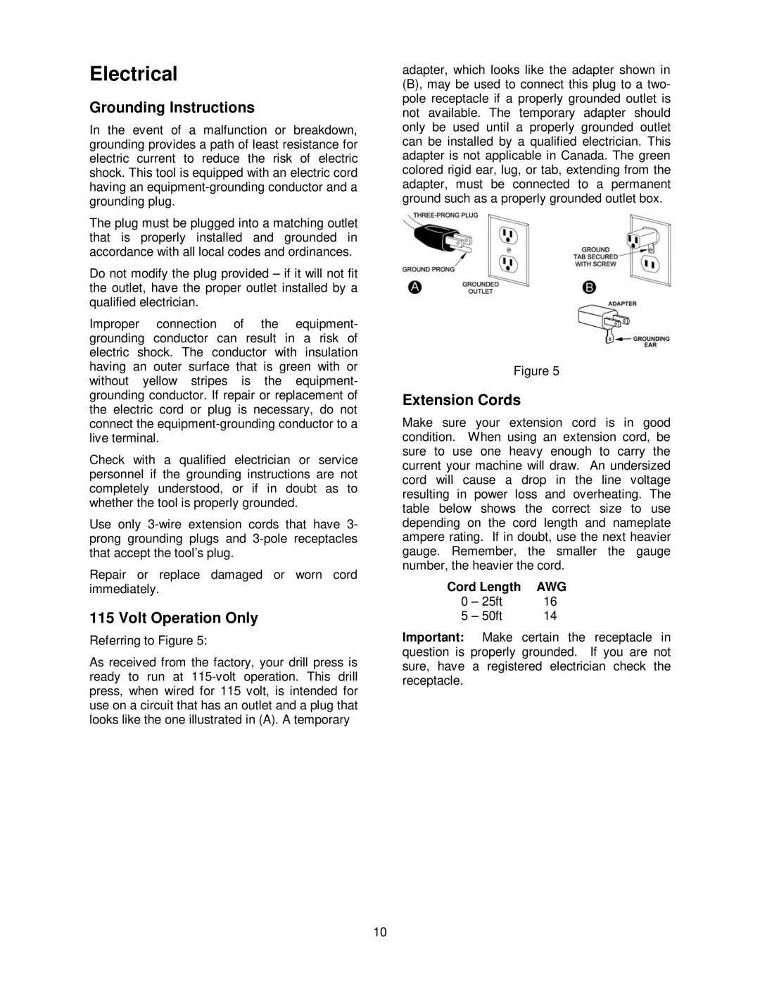 Jet Tools JDP-12 operating instructions Electrical, Grounding Instructions, Volt Operation Only, Extension Cords 