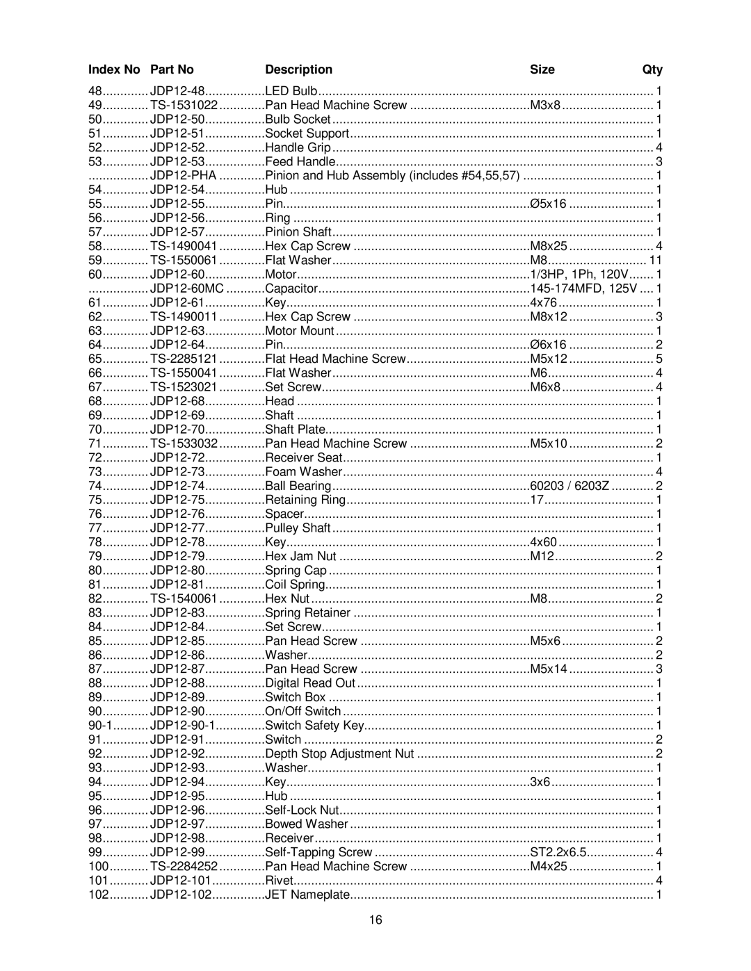 Jet Tools JDP-12 operating instructions JDP12-PHA 