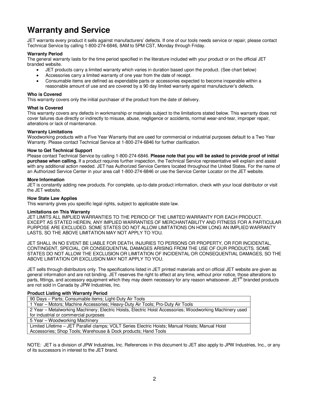 Jet Tools JDP-12 operating instructions Warranty and Service, Warranty Period 