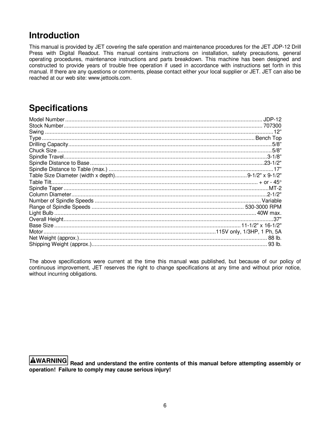 Jet Tools JDP-12 operating instructions Introduction Specifications 