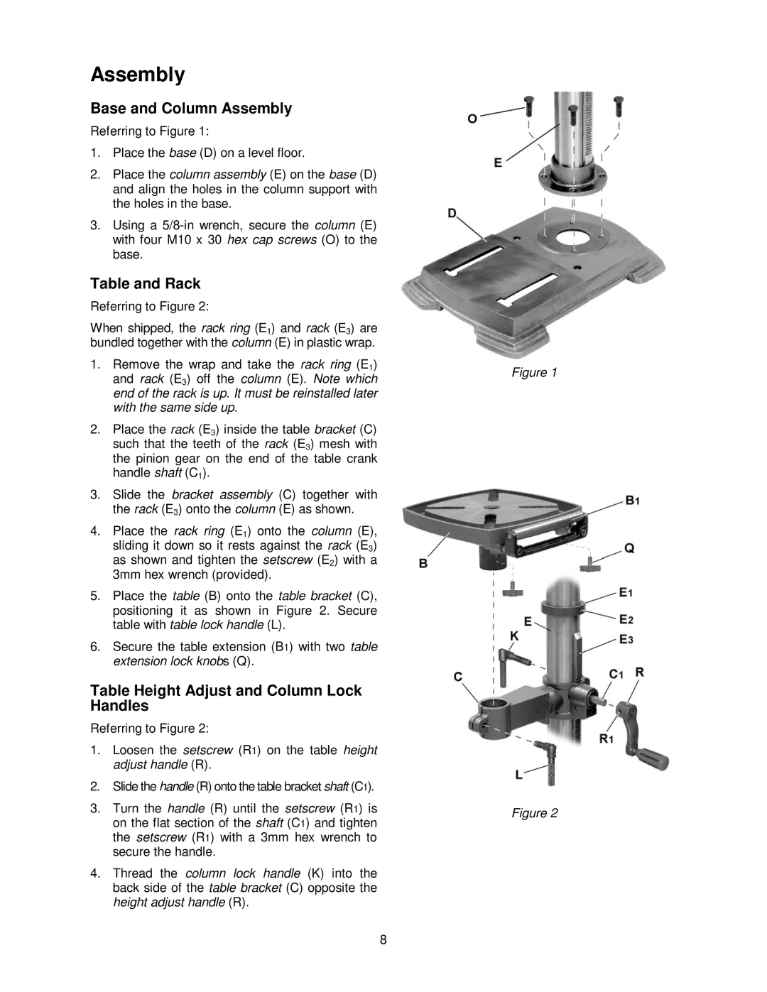 Jet Tools JDP-12 Base and Column Assembly, Table and Rack, Table Height Adjust and Column Lock Handles 