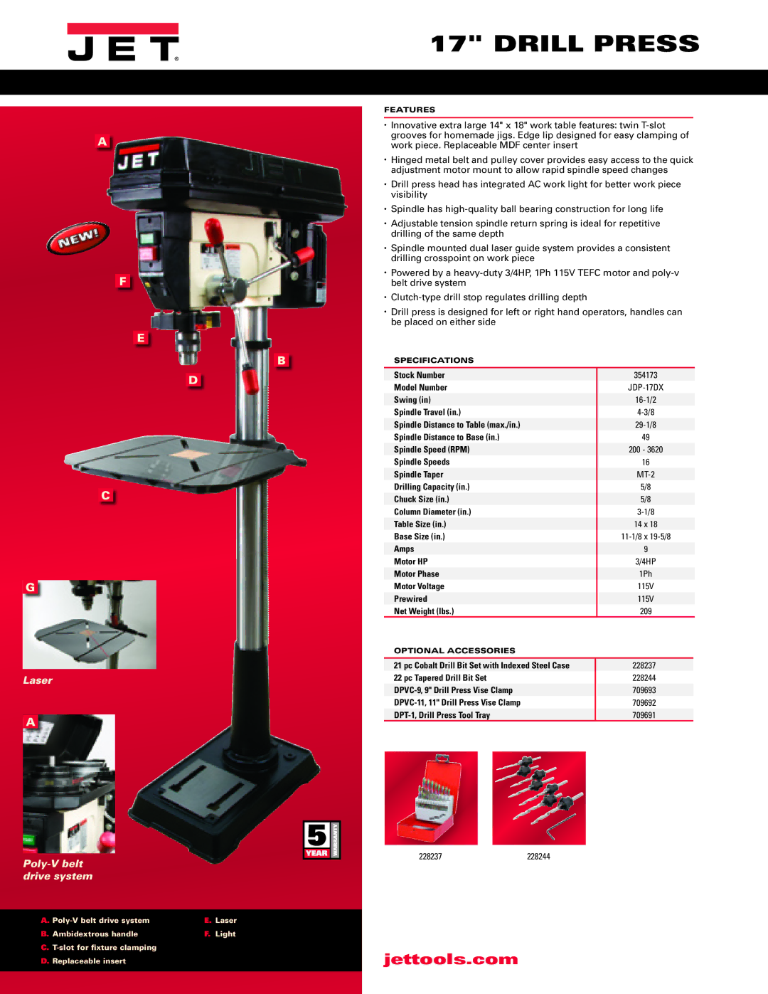 Jet Tools JDP-17DX manual Drill Press, Laser Poly-V belt drive system 