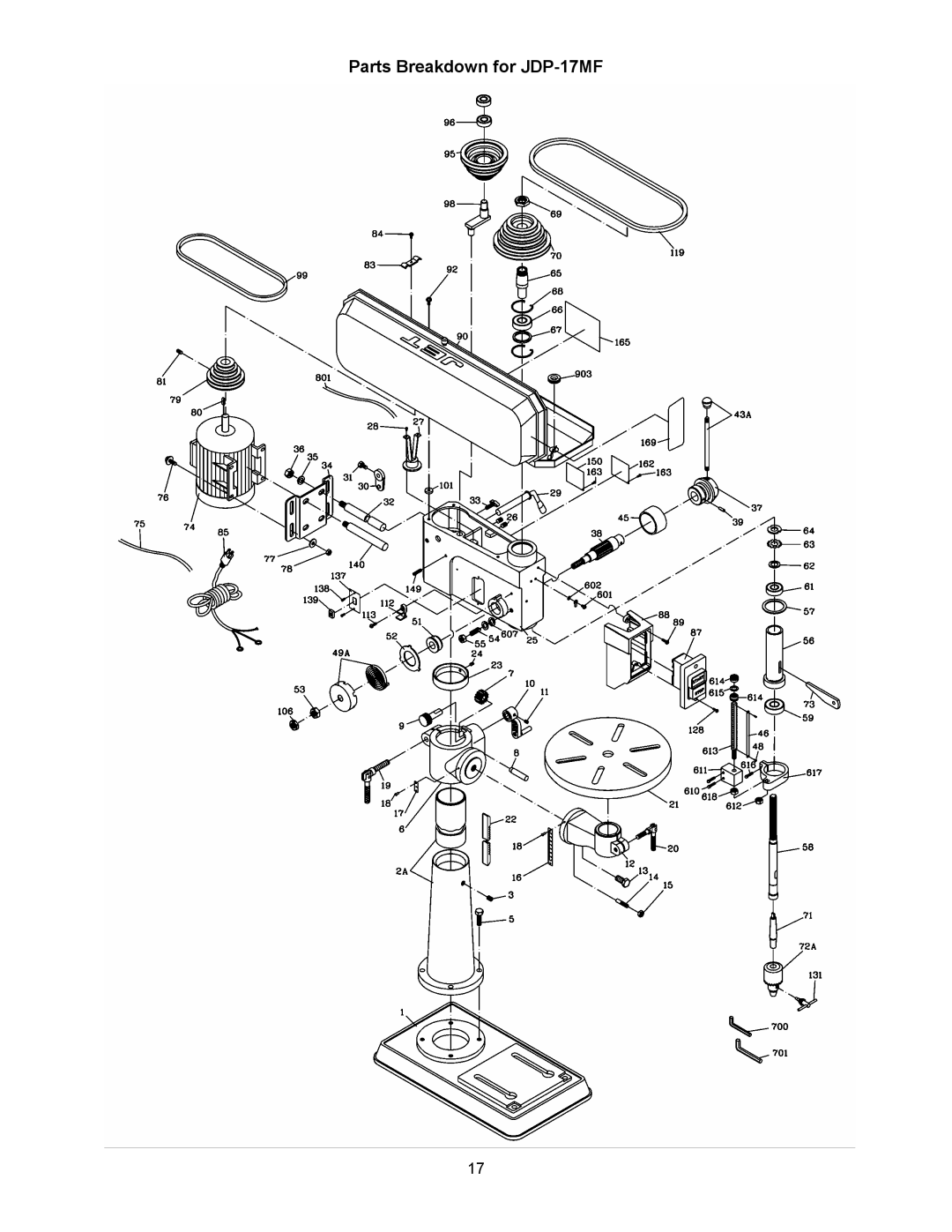 Jet Tools operating instructions Parts Breakdown for JDP-17MF 