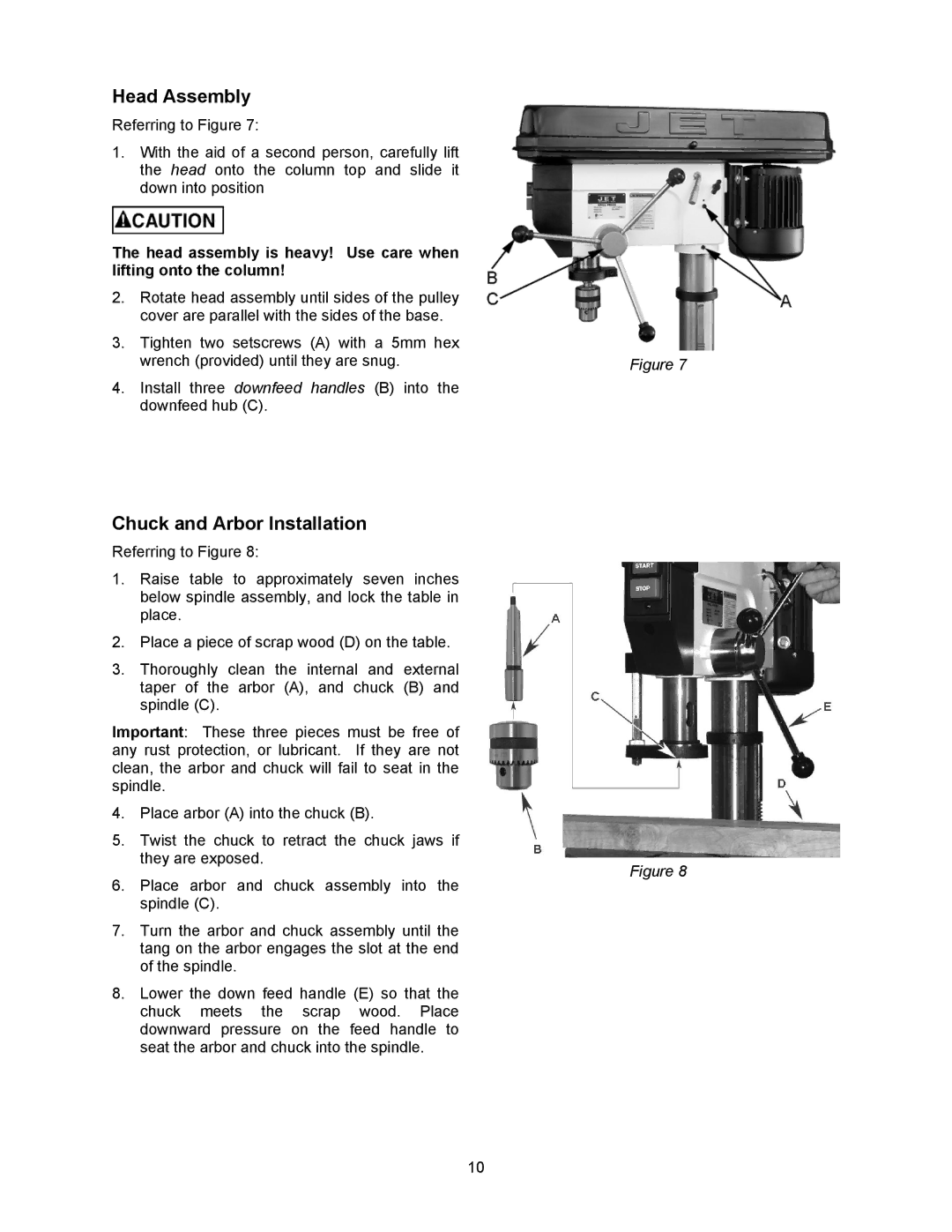 Jet Tools JDP-20MF operating instructions Head Assembly, Chuck and Arbor Installation 