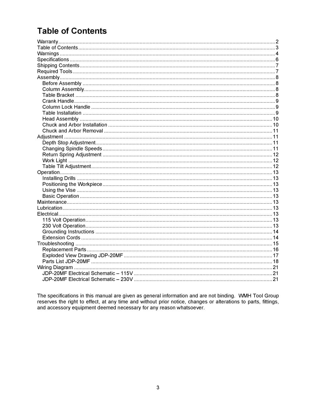 Jet Tools JDP-20MF operating instructions Table of Contents 