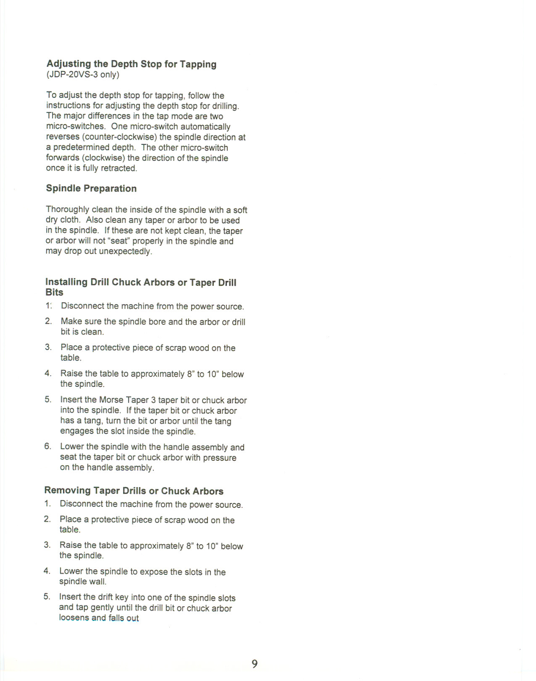 Jet Tools manual Adjusting the Depth Stop for Tapping JDP-20VS-3 only, Spindle Preparation 