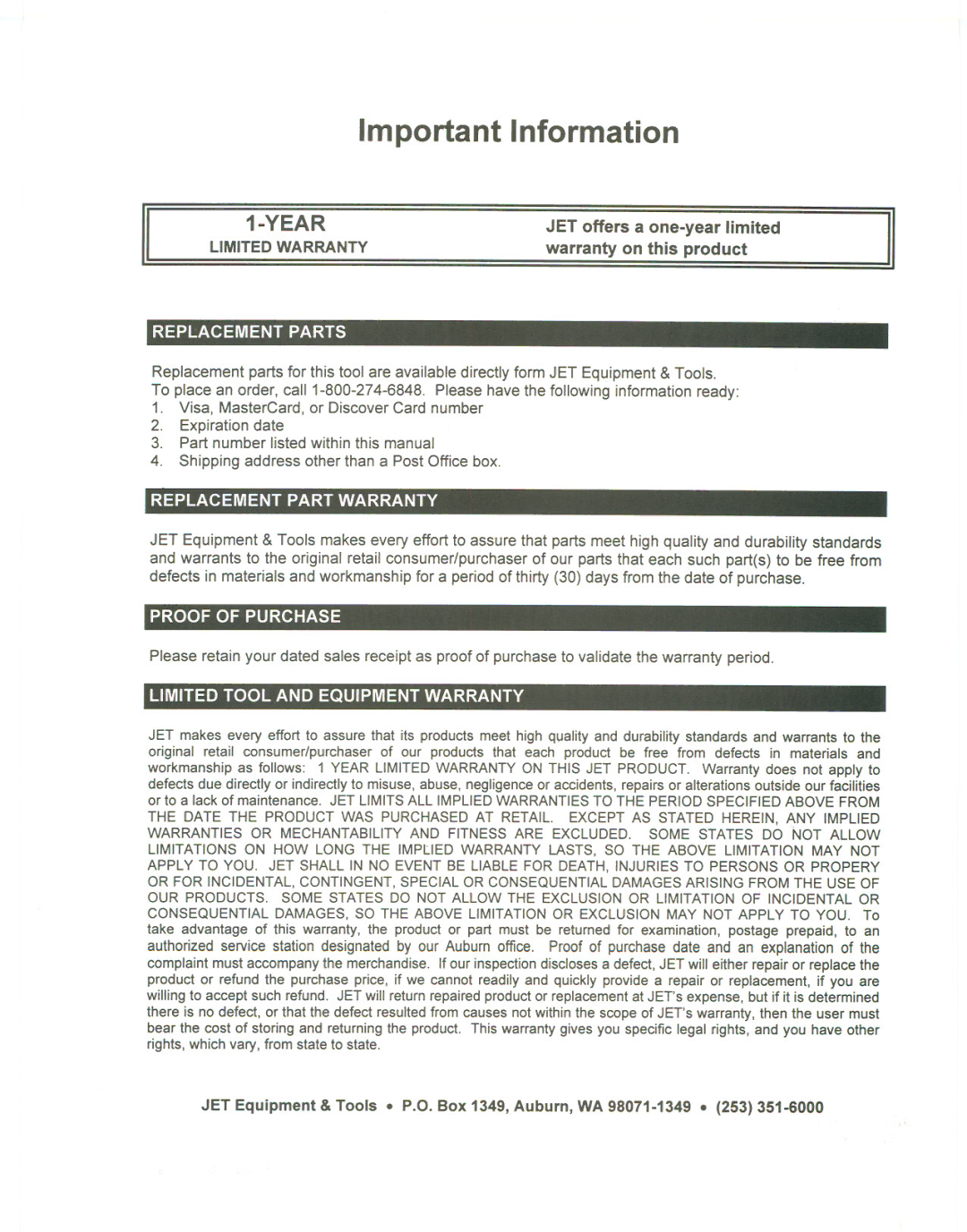 Jet Tools JDP-20VS manual Important Information 