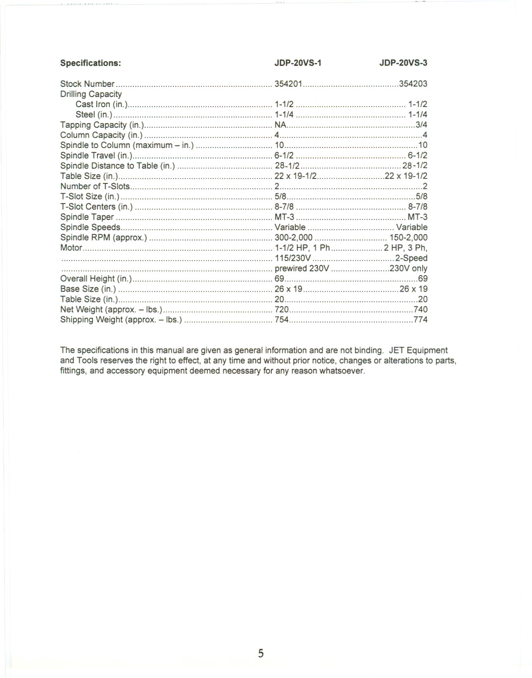 Jet Tools manual Specifications, JDP-20VS-3 