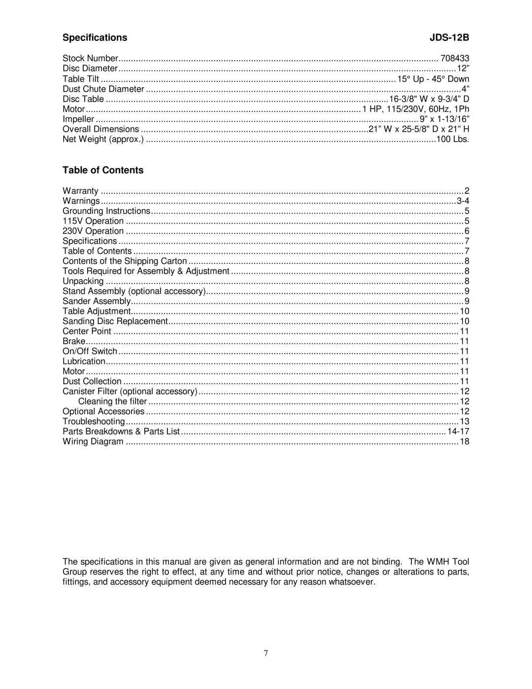 Jet Tools JDS-12B owner manual Specifications, Table of Contents 