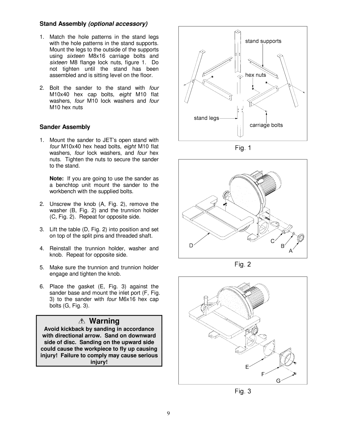 Jet Tools JDS-12B owner manual Stand Assembly optional accessory, Sander Assembly 