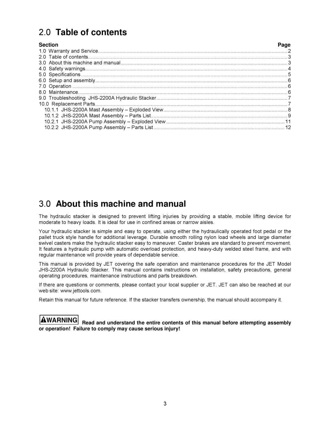 Jet Tools JHS-2200A operating instructions Table of contents, About this machine and manual 