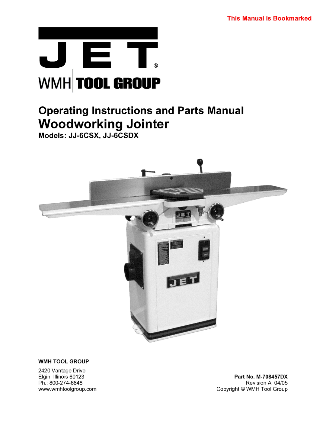 Jet Tools JJ-6CSDX, JJ-6CSX operating instructions Woodworking Jointer 