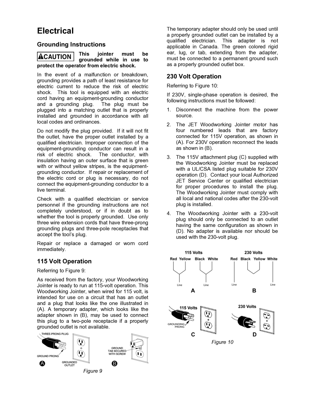 Jet Tools JJ-6CSX, JJ-6CSDX operating instructions Electrical, Grounding Instructions, Volt Operation 