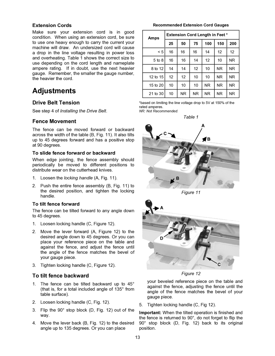 Jet Tools JJ-6CSDX, JJ-6CSX operating instructions Adjustments, Drive Belt Tension, Fence Movement, To tilt fence backward 