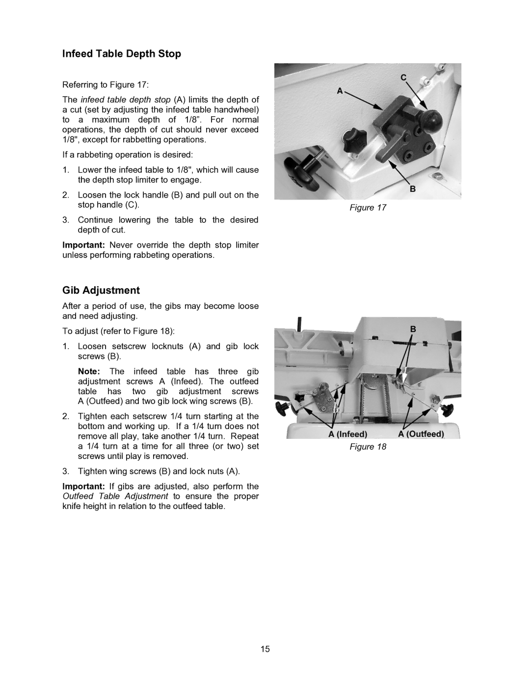 Jet Tools JJ-6CSDX, JJ-6CSX operating instructions Infeed Table Depth Stop, Gib Adjustment 