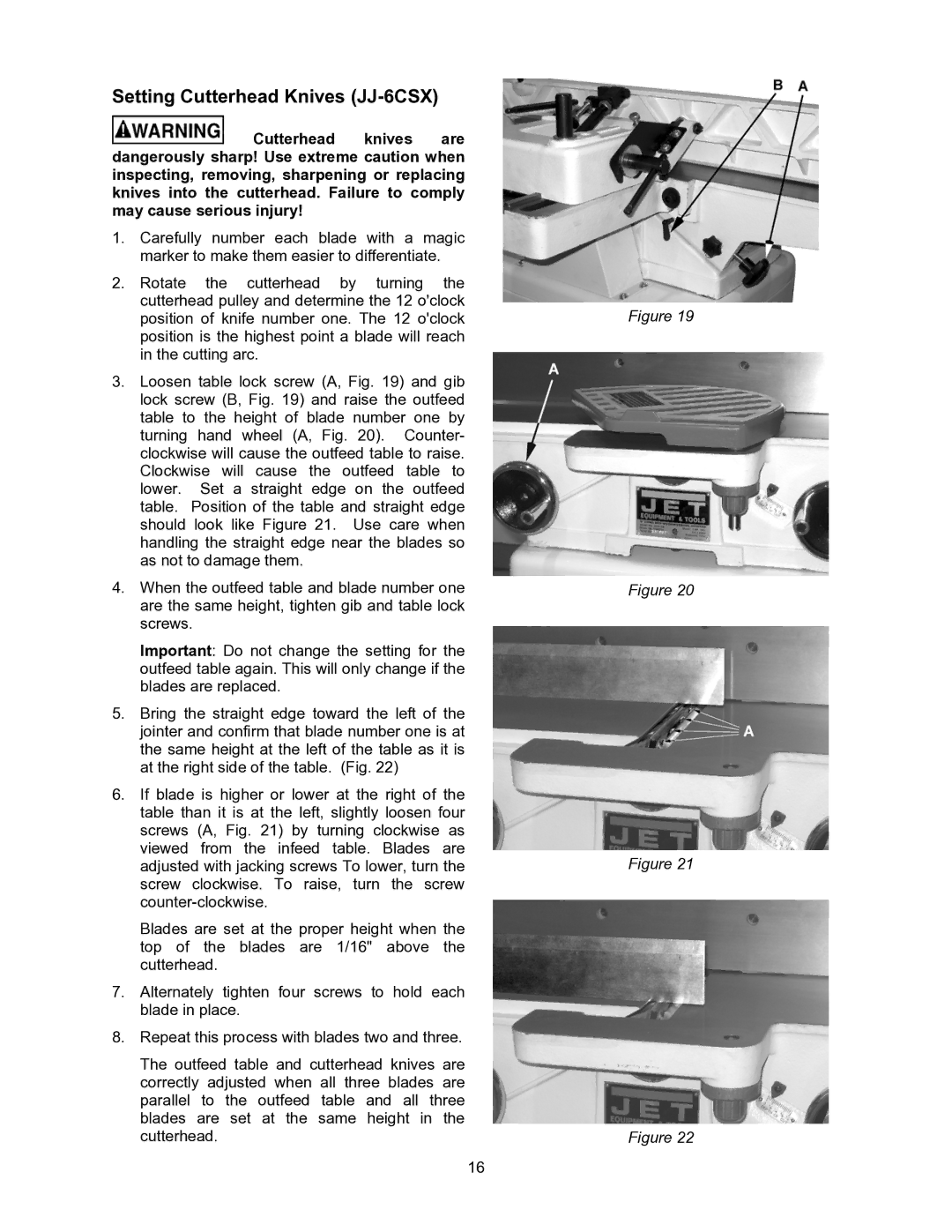 Jet Tools JJ-6CSDX operating instructions Setting Cutterhead Knives JJ-6CSX 