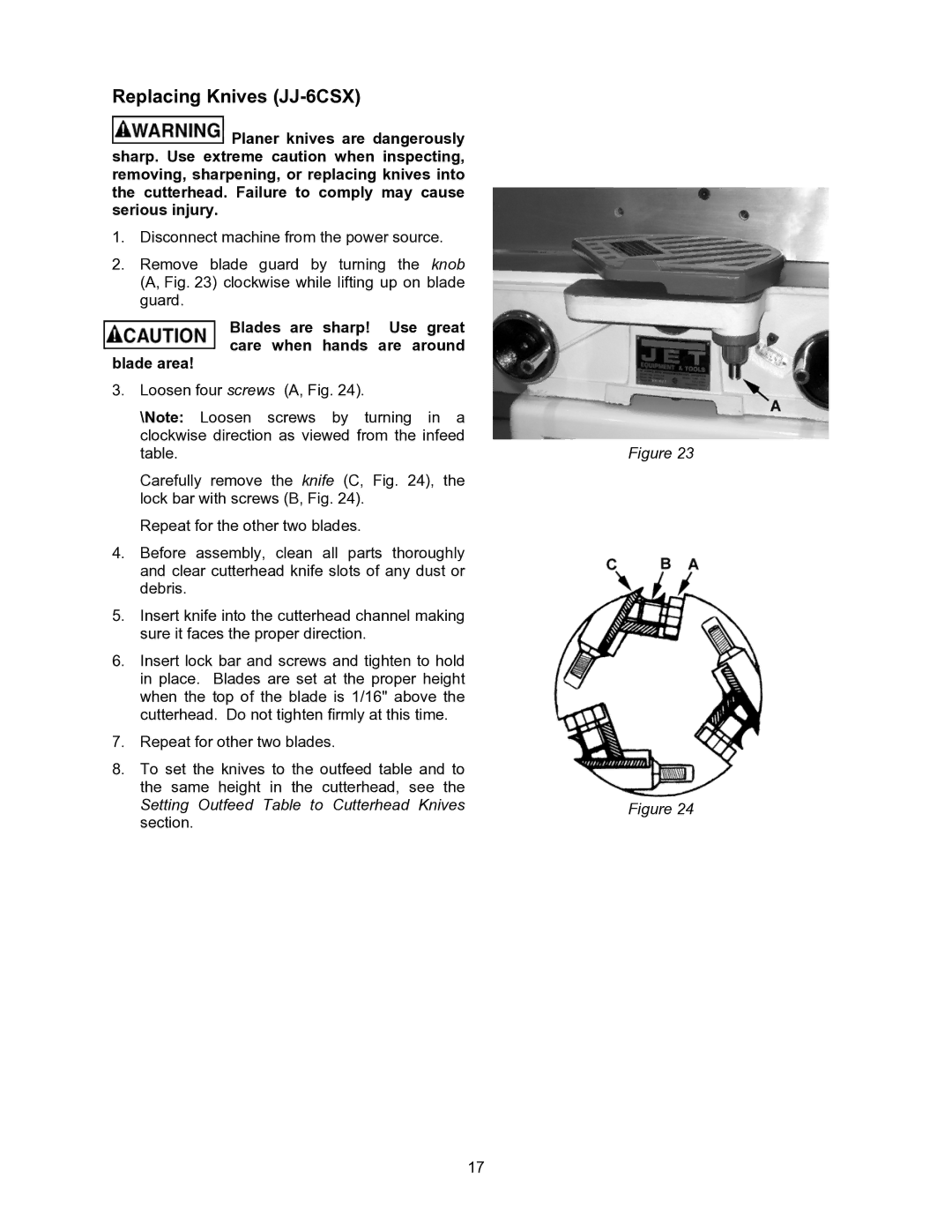 Jet Tools JJ-6CSDX operating instructions Replacing Knives JJ-6CSX 