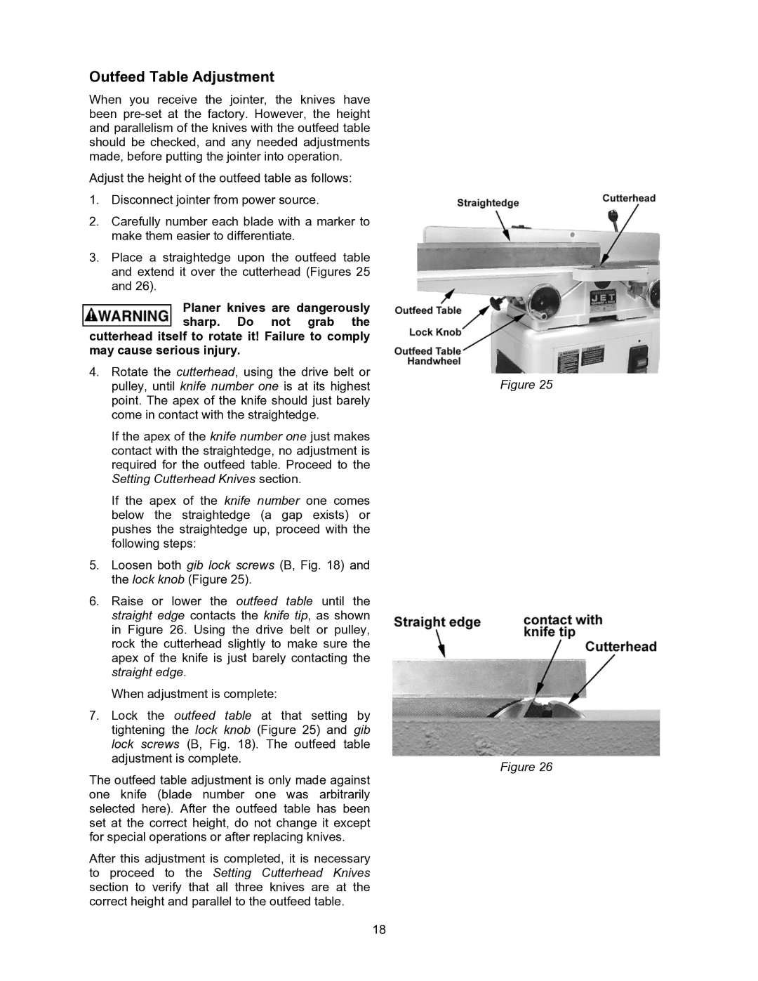 Jet Tools JJ-6CSX, JJ-6CSDX operating instructions Outfeed Table Adjustment 