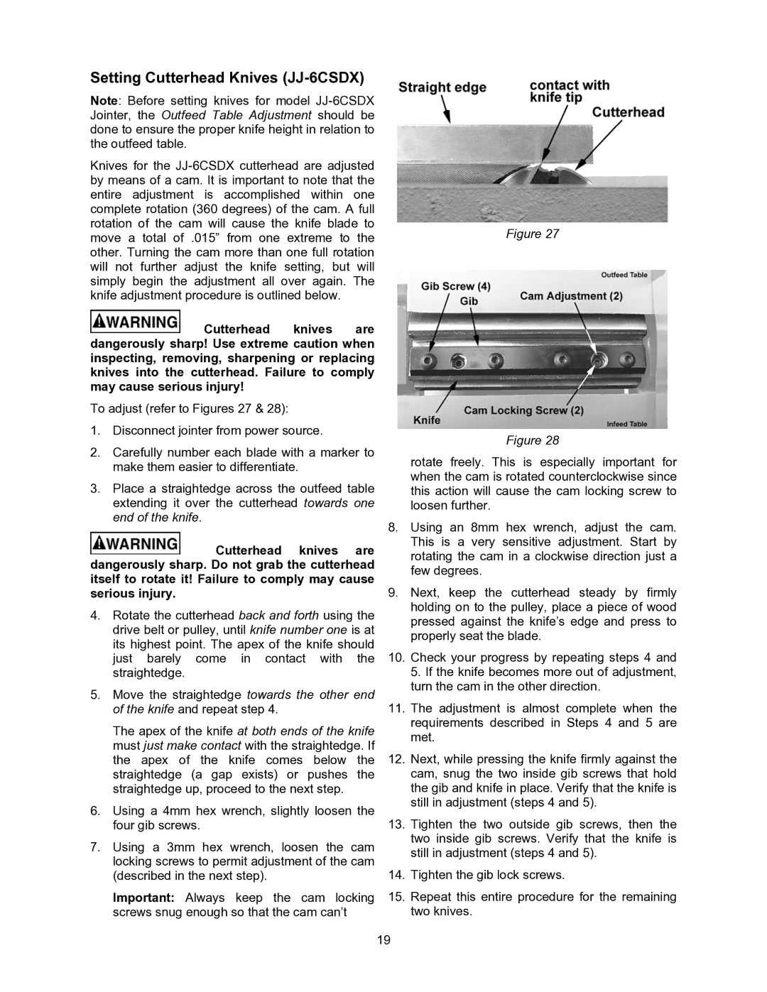 Jet Tools JJ-6CSX operating instructions Setting Cutterhead Knives JJ-6CSDX 