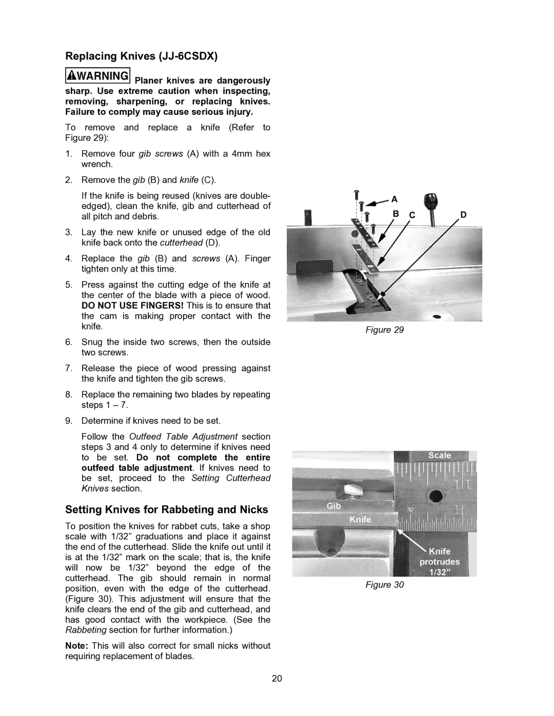 Jet Tools JJ-6CSX operating instructions Replacing Knives JJ-6CSDX, Setting Knives for Rabbeting and Nicks 