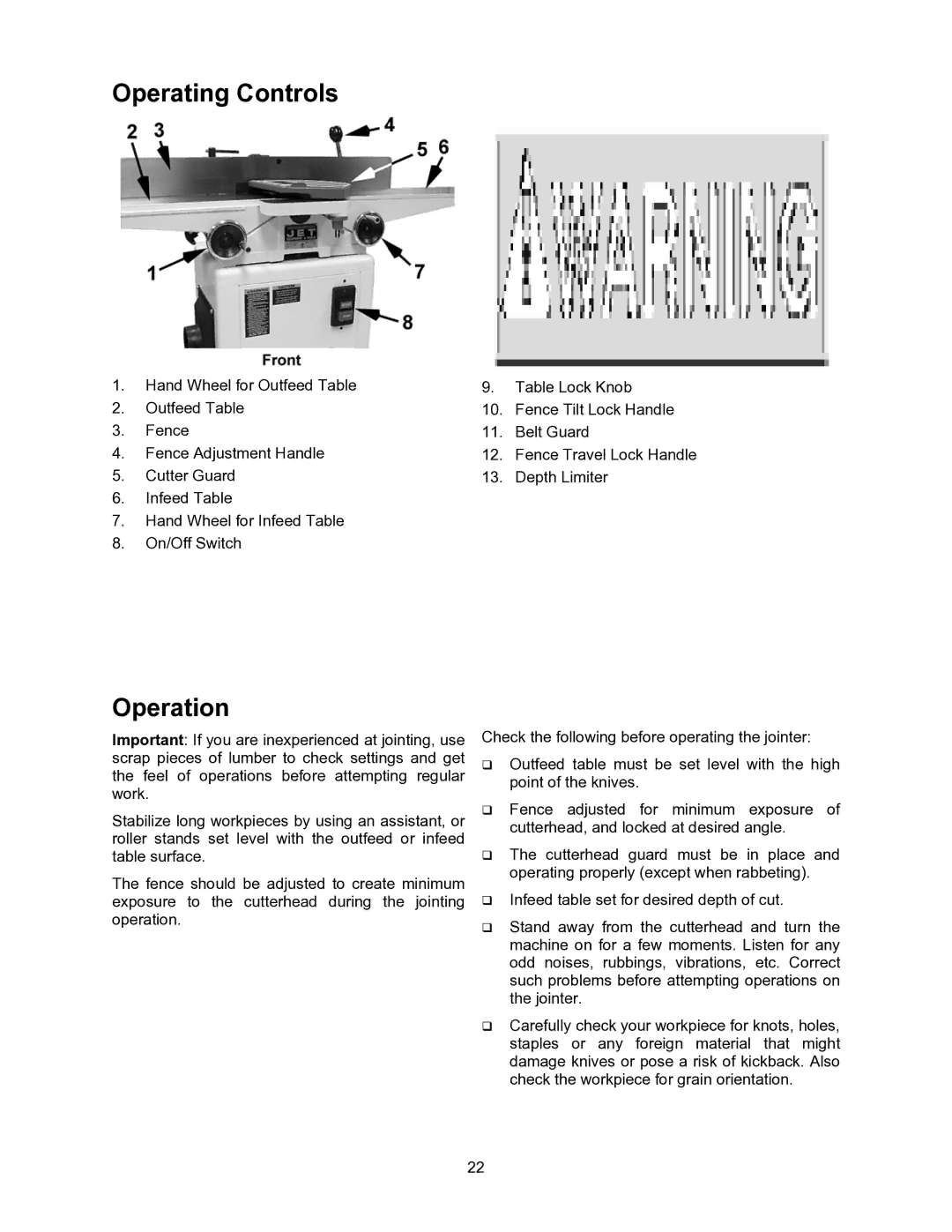 Jet Tools JJ-6CSX, JJ-6CSDX operating instructions Operating Controls, Operation 