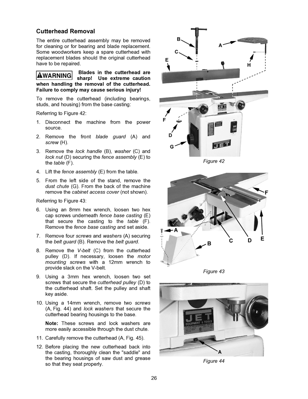 Jet Tools JJ-6CSX, JJ-6CSDX operating instructions Cutterhead Removal 