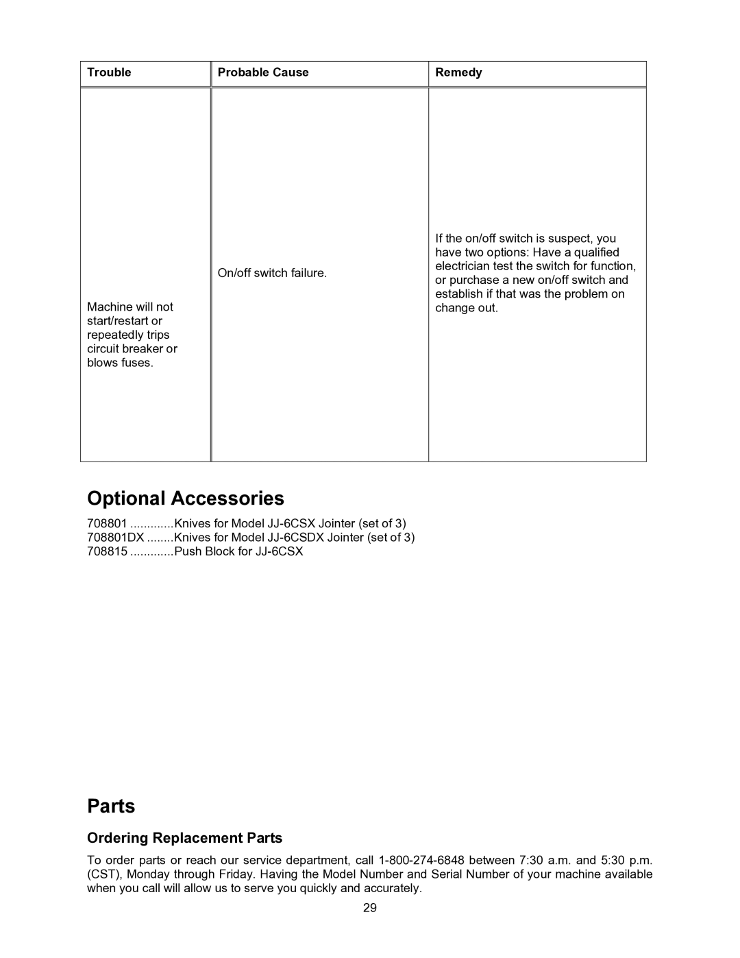 Jet Tools JJ-6CSDX, JJ-6CSX operating instructions Optional Accessories, Ordering Replacement Parts 