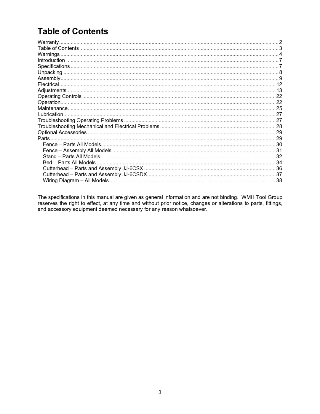 Jet Tools JJ-6CSDX, JJ-6CSX operating instructions Table of Contents 