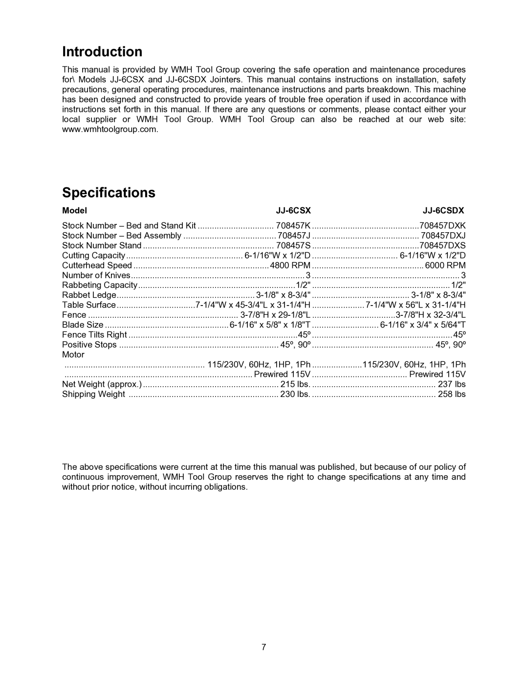 Jet Tools operating instructions Introduction Specifications, JJ-6CSX JJ-6CSDX 