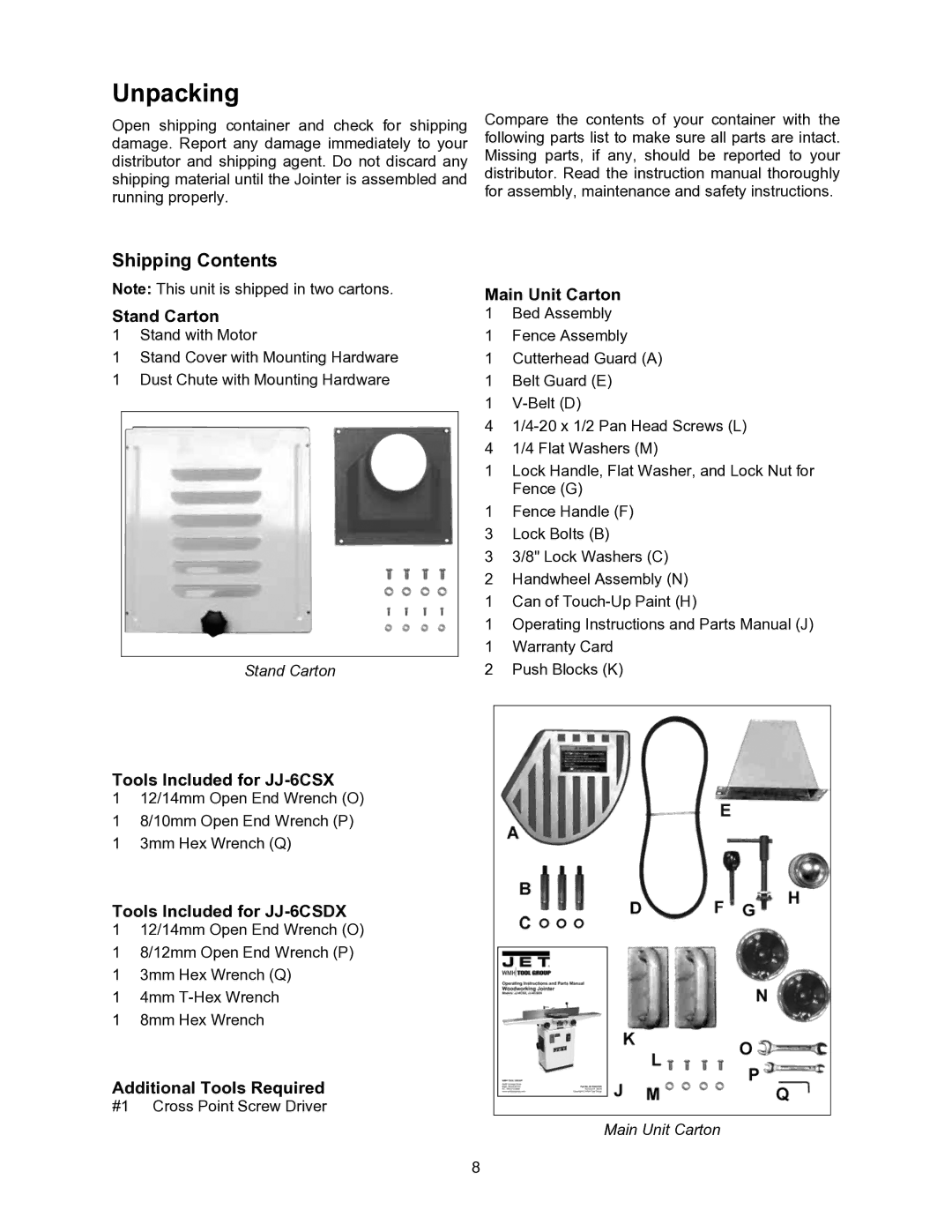 Jet Tools JJ-6CSX, JJ-6CSDX operating instructions Unpacking, Shipping Contents 