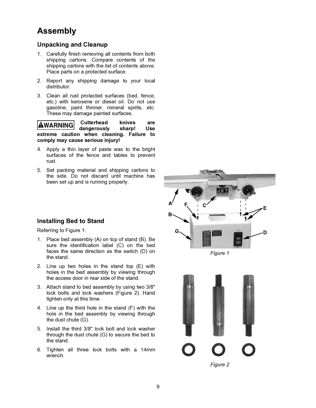 Jet Tools JJ-6CSDX, JJ-6CSX operating instructions Assembly, Unpacking and Cleanup, Installing Bed to Stand 