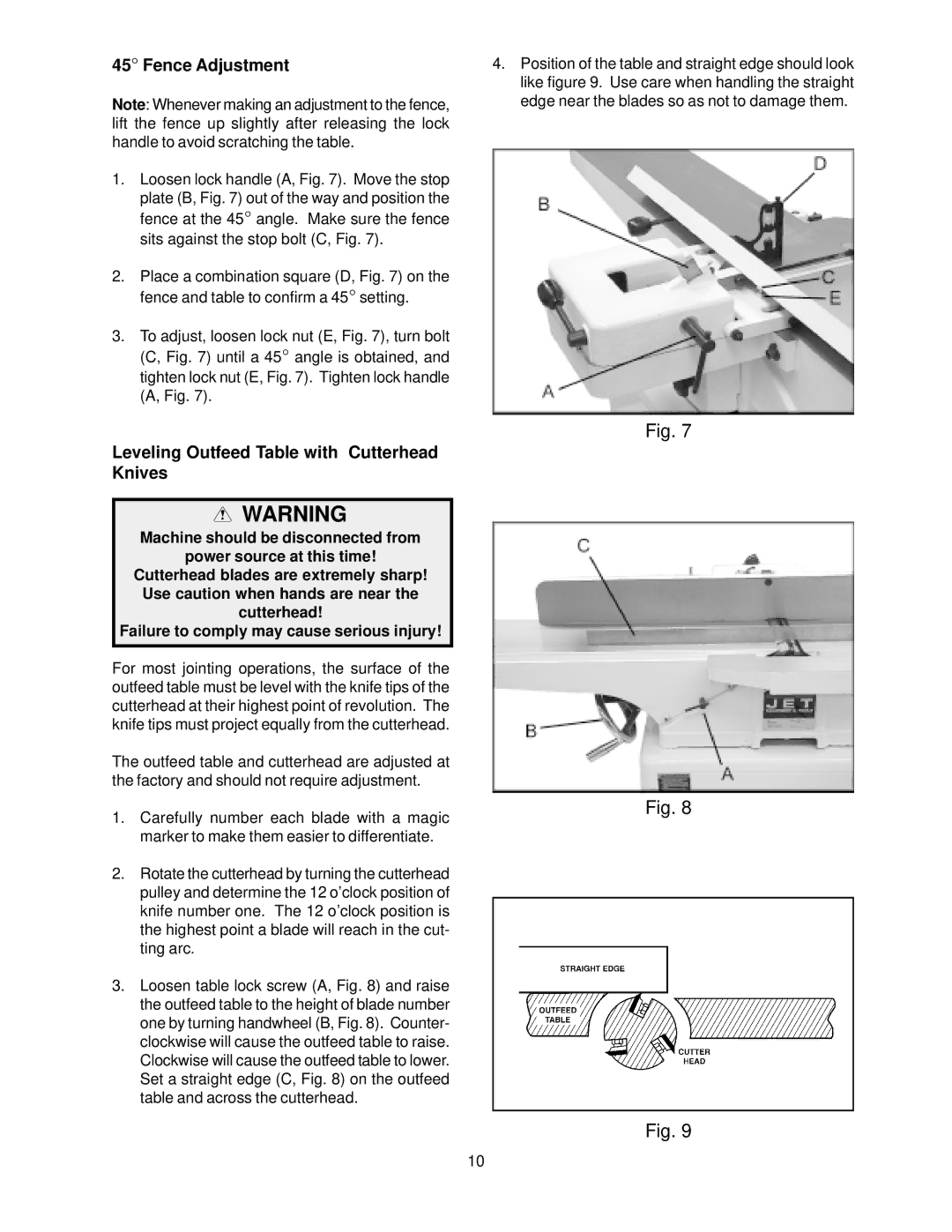 Jet Tools JJ-8CS owner manual Leveling Outfeed Table with Cutterhead Knives 