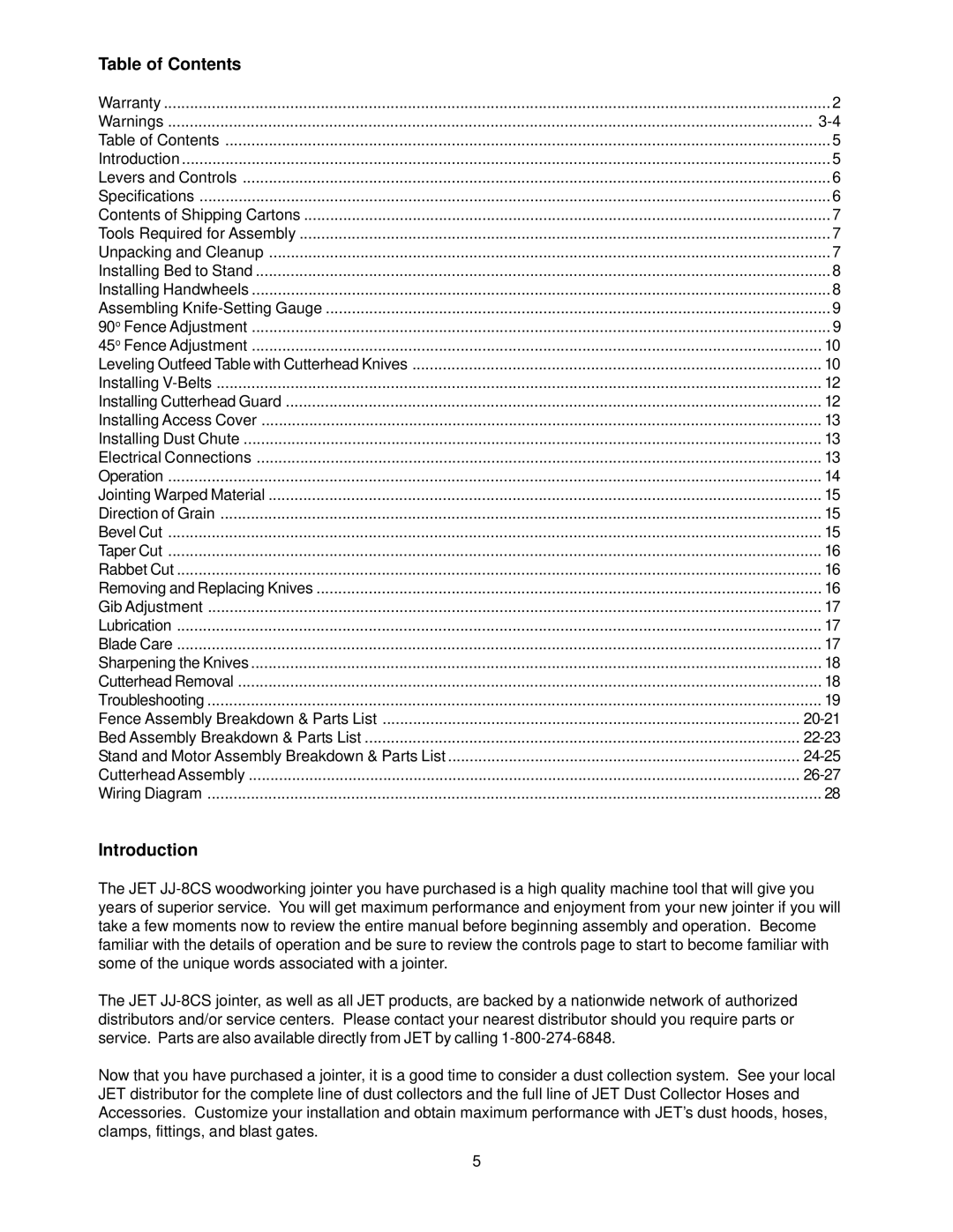 Jet Tools JJ-8CS owner manual Table of Contents, Introduction 