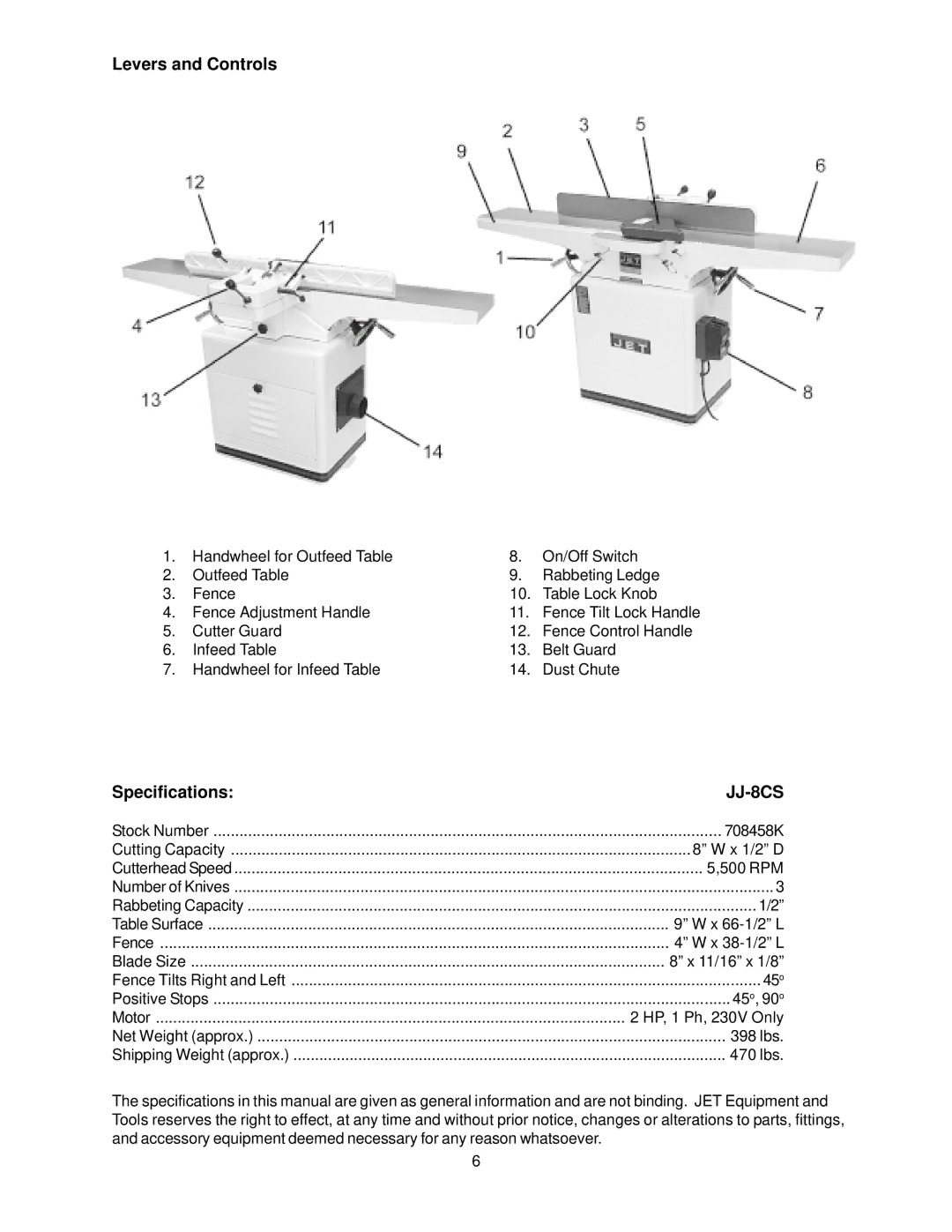 Jet Tools JJ-8CS owner manual Levers and Controls, Specifications 