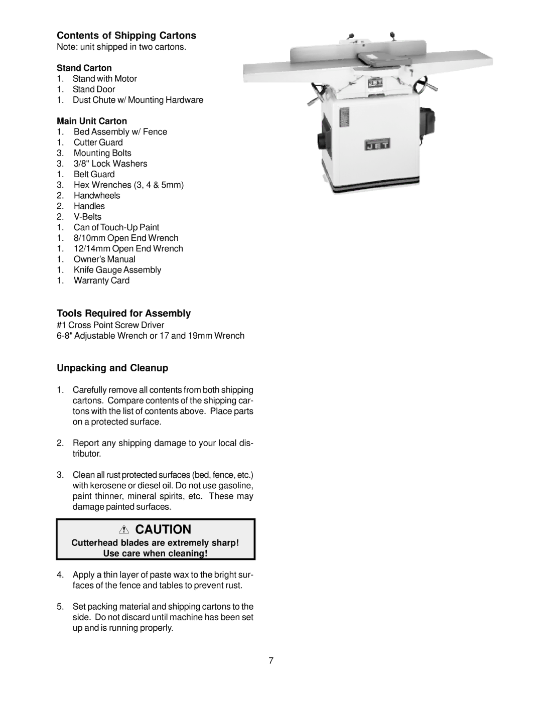 Jet Tools JJ-8CS owner manual Contents of Shipping Cartons, Tools Required for Assembly, Unpacking and Cleanup 