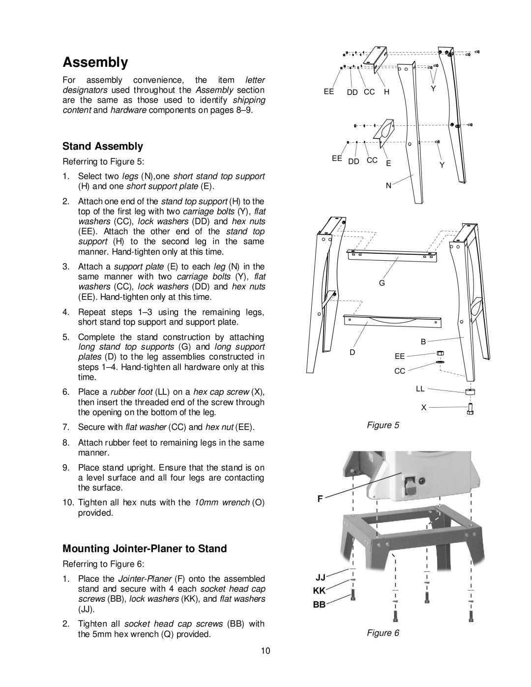 Jet Tools JJP-10BTOS operating instructions Stand Assembly, Mounting Jointer-Planer to Stand 