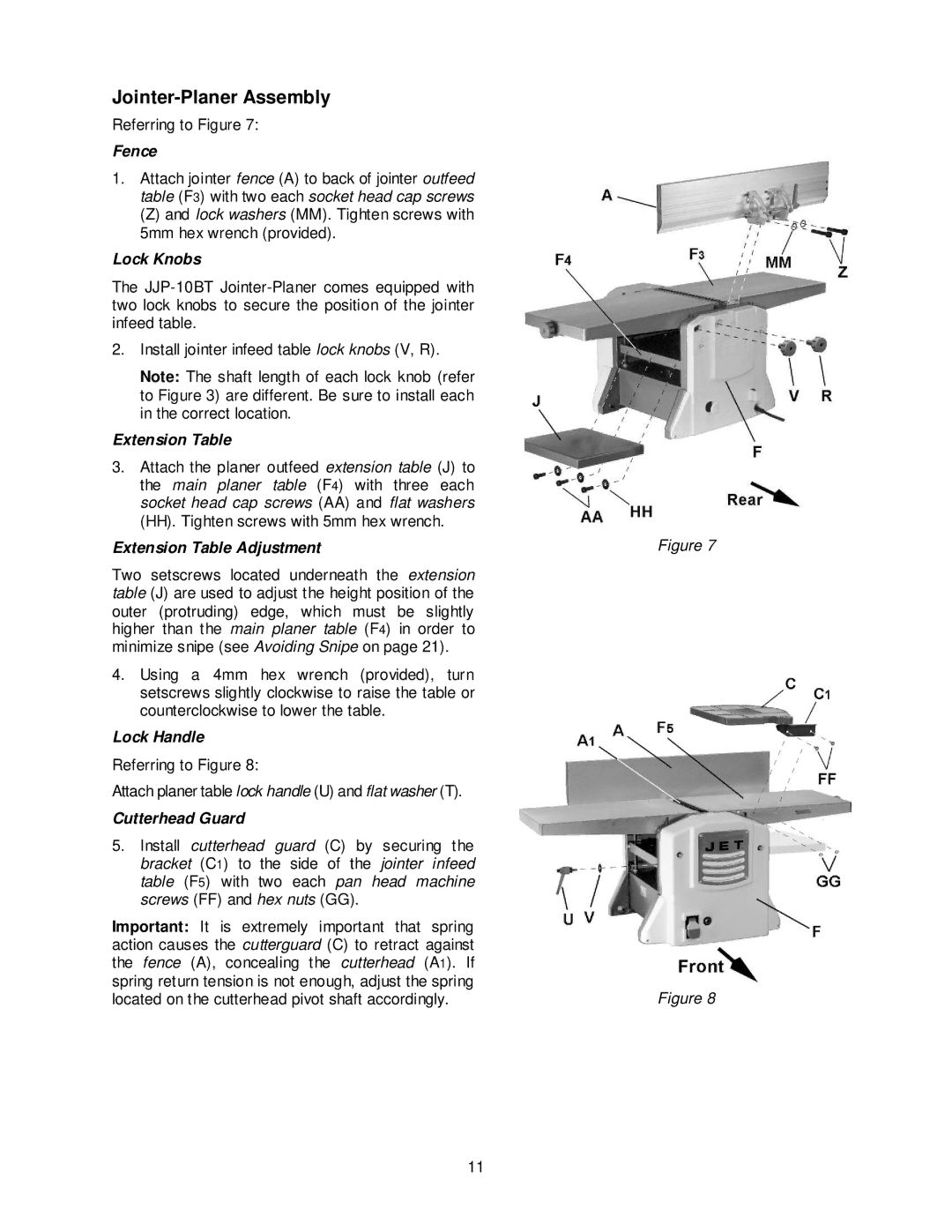 Jet Tools JJP-10BTOS operating instructions Jointer-Planer Assembly 