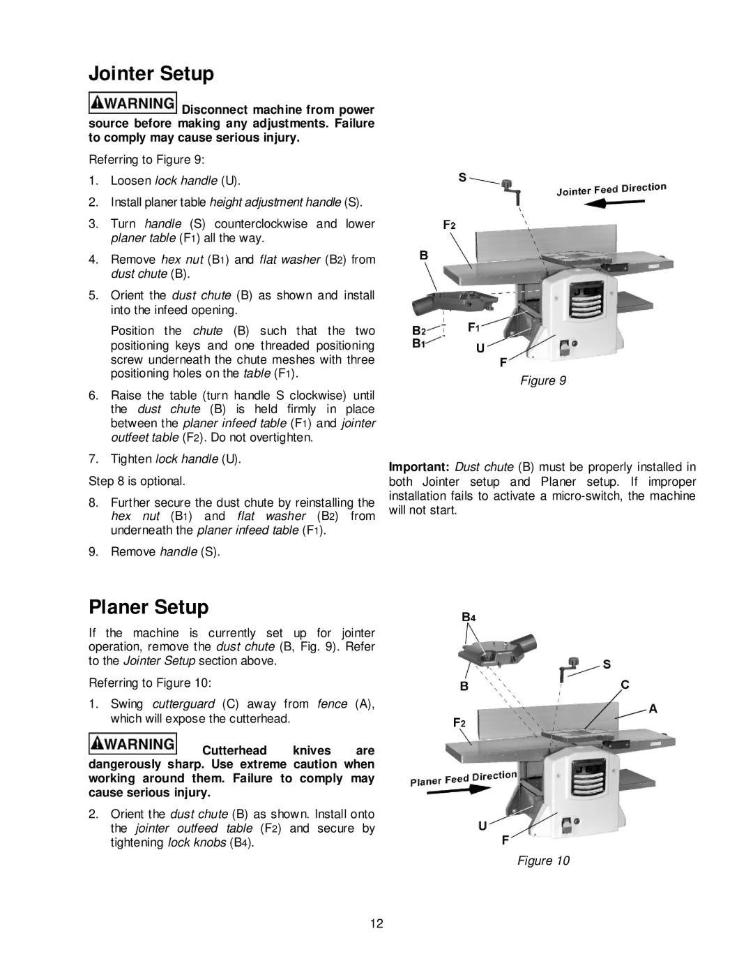 Jet Tools JJP-10BTOS operating instructions Jointer Setup, Planer Setup 