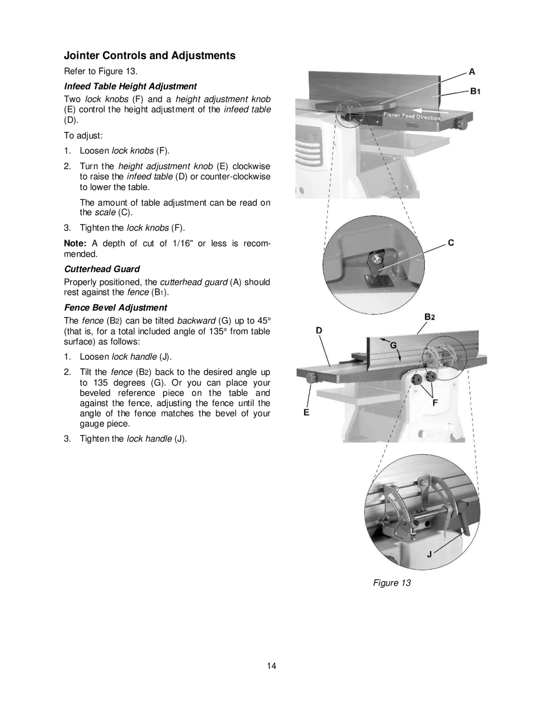 Jet Tools JJP-10BTOS Jointer Controls and Adjustments, Infeed Table Height Adjustment, Fence Bevel Adjustment 