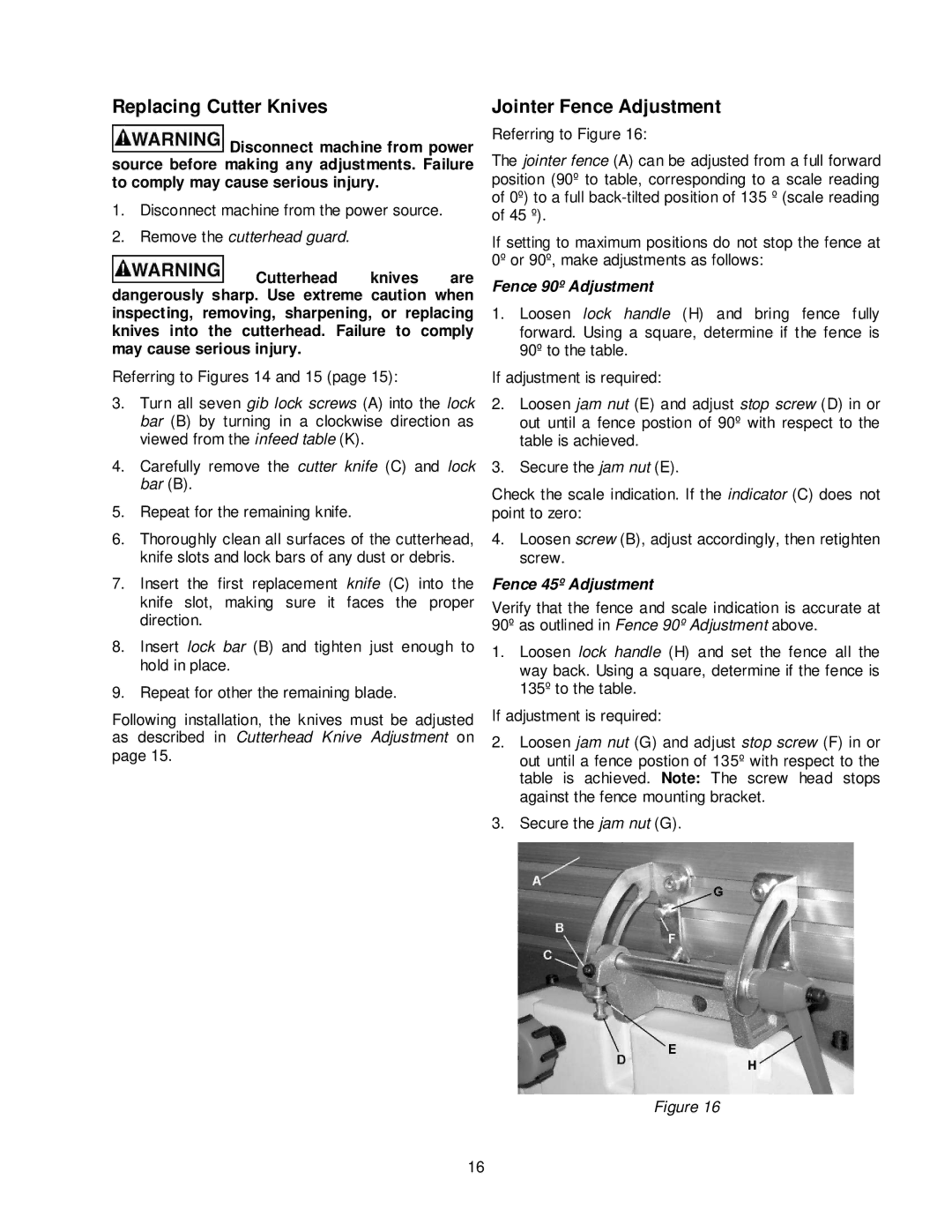 Jet Tools JJP-10BTOS Replacing Cutter Knives, Jointer Fence Adjustment, Fence 90º Adjustment, Fence 45º Adjustment 