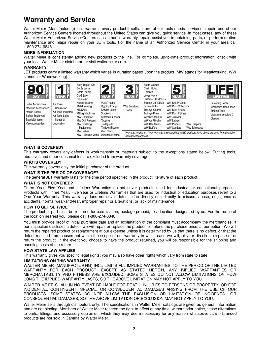 Jet Tools JJP-10BTOS operating instructions Warranty and Service, More Information 