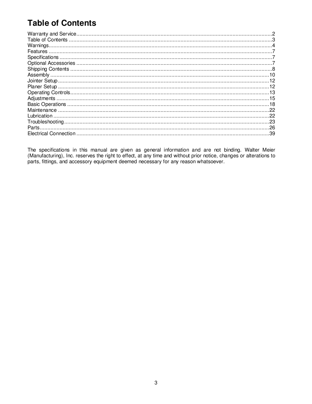 Jet Tools JJP-10BTOS operating instructions Table of Contents 