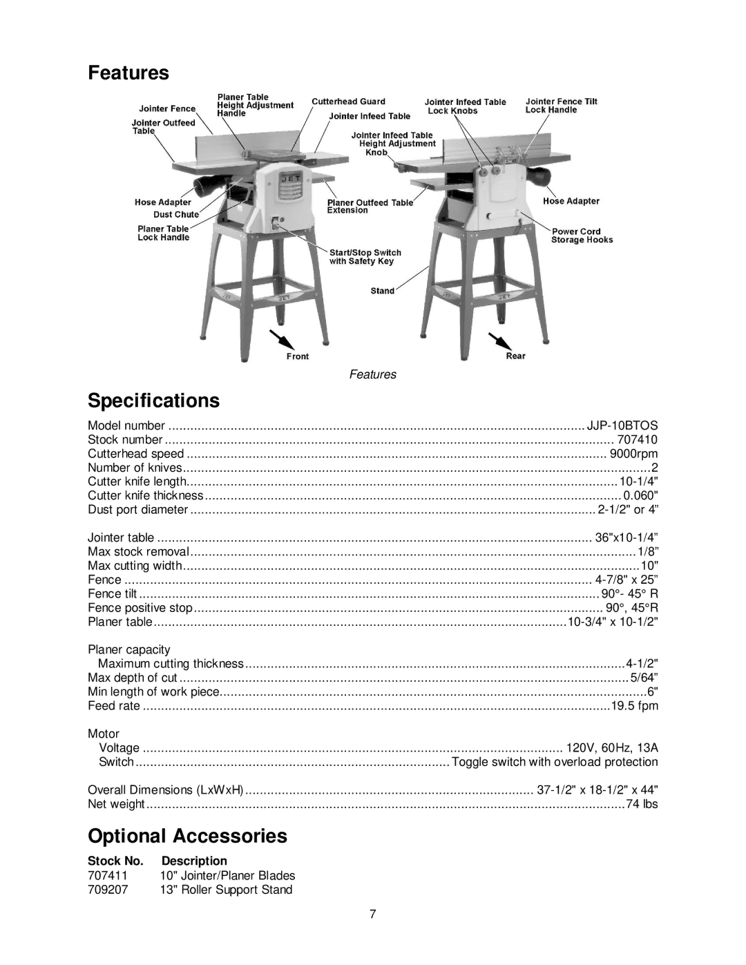 Jet Tools JJP-10BTOS operating instructions Features, Stock No Description 