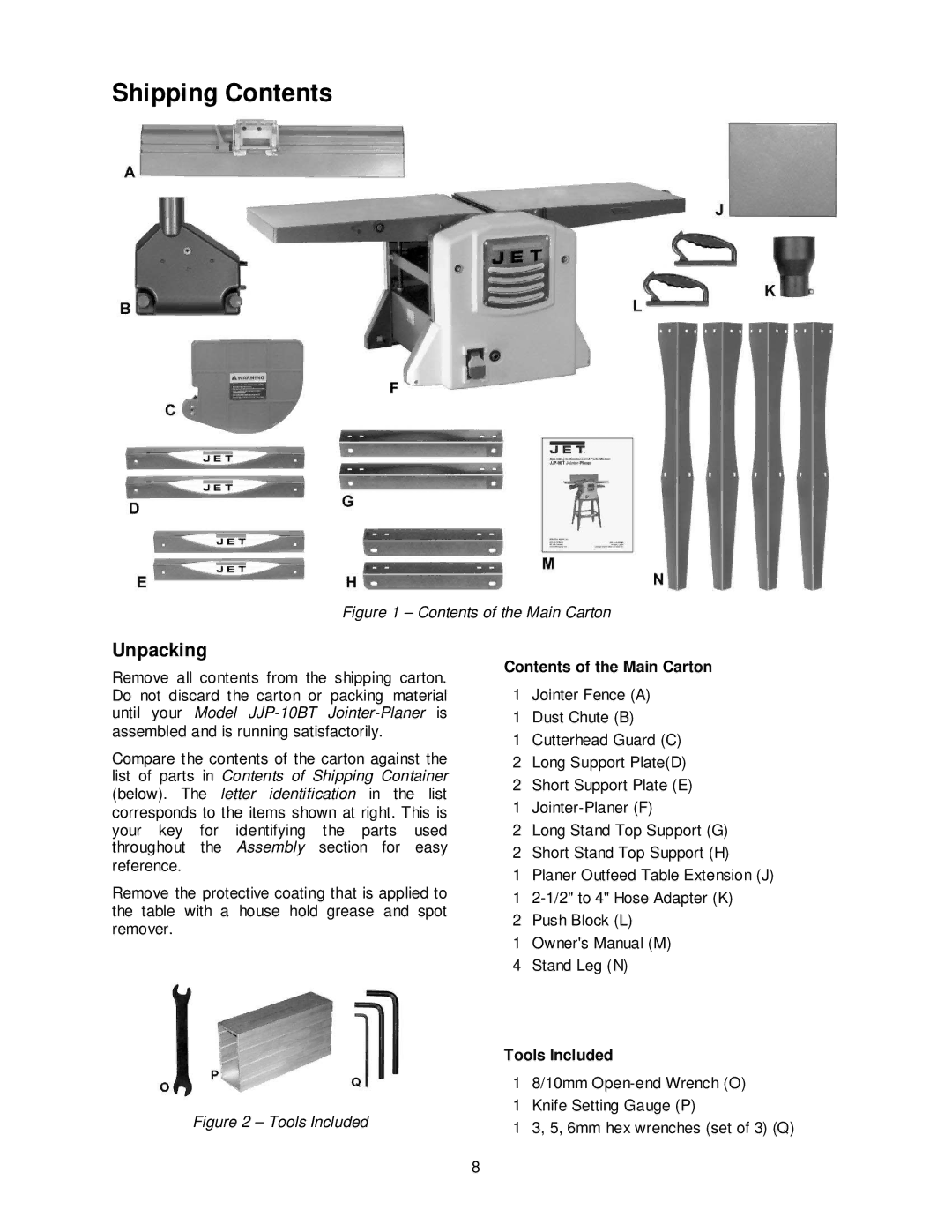 Jet Tools JJP-10BTOS operating instructions Shipping Contents 