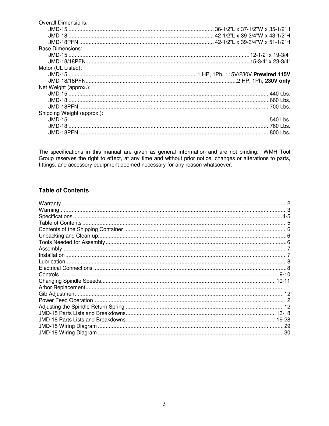 Jet Tools JMD-15 owner manual Table of Contents 