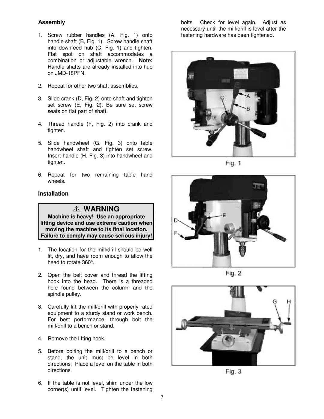 Jet Tools JMD-15 owner manual Assembly, Installation 