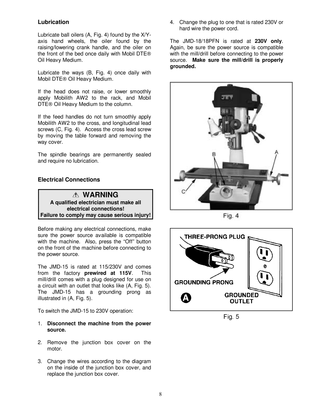 Jet Tools JMD-15 owner manual Lubrication, Electrical Connections, Disconnect the machine from the power source 